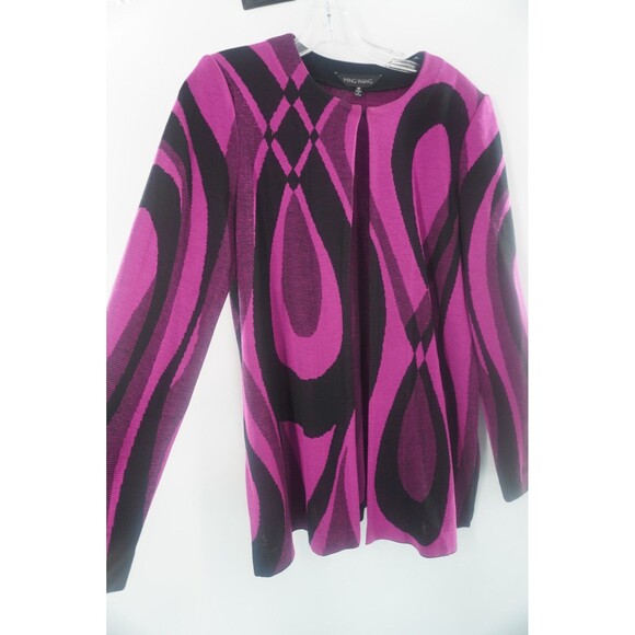 Ming Wang Fuchsia Black Wave Abstract Geometric Heavy Knit Cardigan Sweater Sz M - Picture 8 of 12